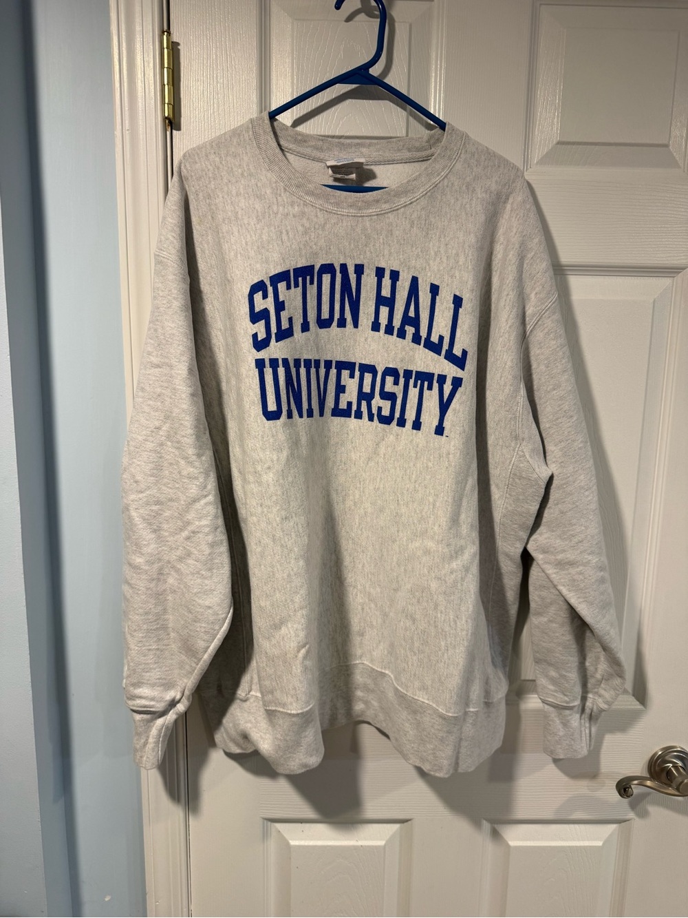 Champion Gray Crewneck Sweatshirt with Blue 'Seton Hall University' Lettering